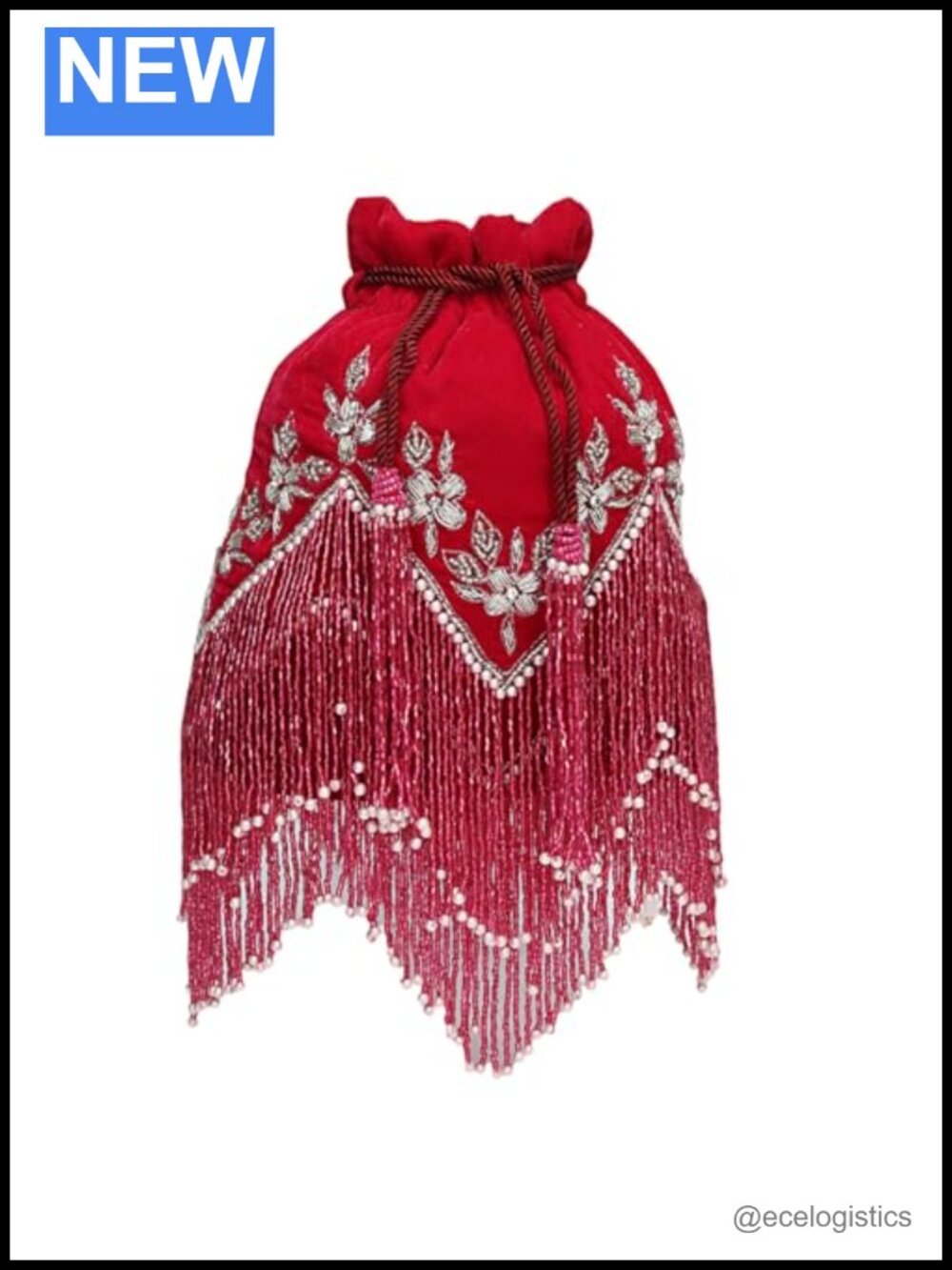 Velvet Potli Bag Silver Floral Embroidery Beaded Fringe Tassel Wristlet Clutch